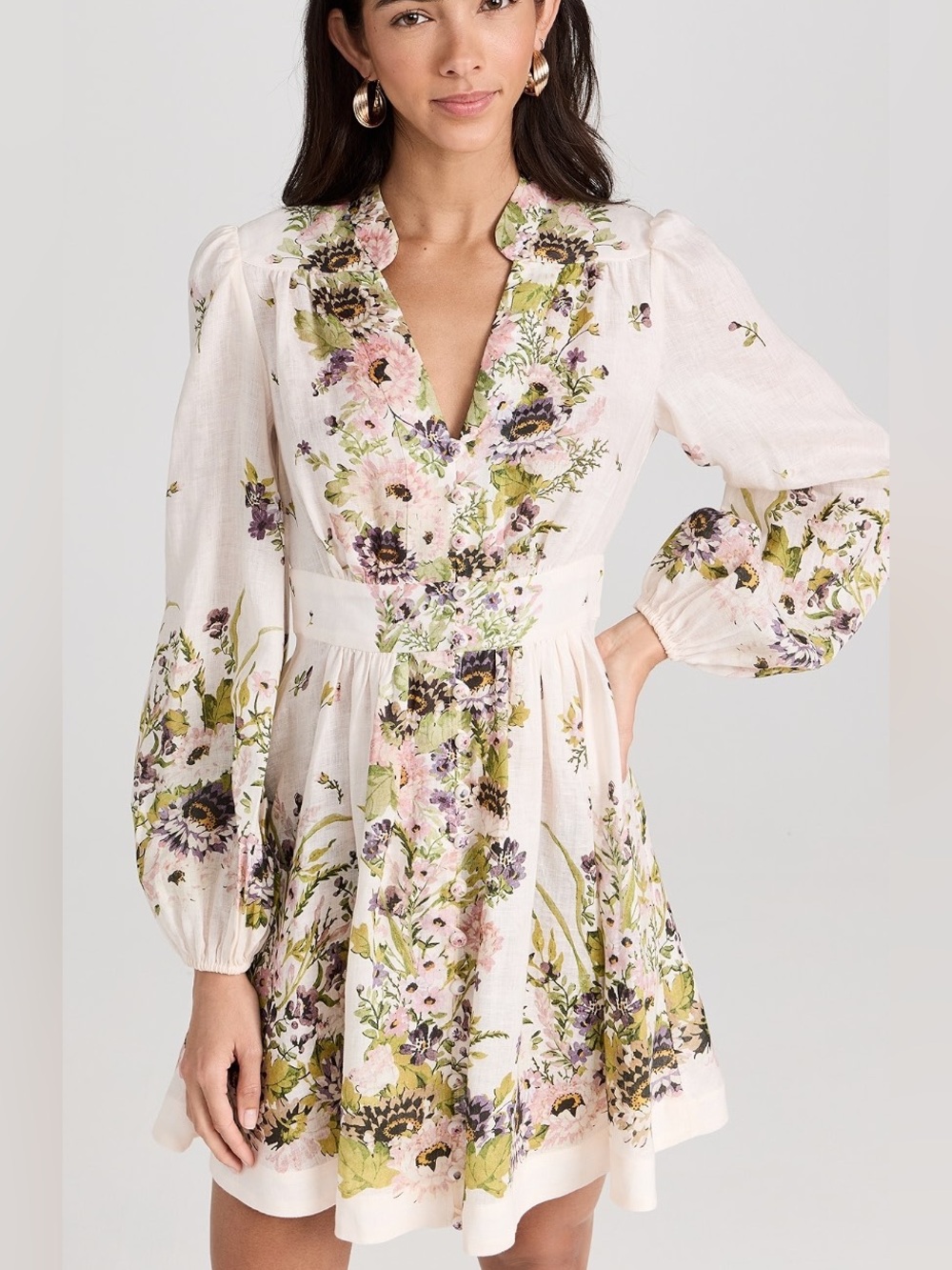 Zimmermann Cream Mini Dress with Pink & Green Floral Print